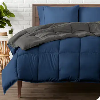 Ултра-меко двустранно одеяло Bare Home от гъши пух Алтернатива - пуховое одеяло Queen, тъмно синьо/сиво двойно