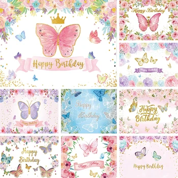 Фон с лилаво цвете и пеперуда за малки момичета, украса за парти в чест на 1-ви рожден ден, една фотосесия, crown, фонова снимка, корица