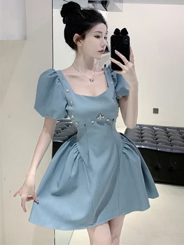 Френското модно мини-рокля с пищни ръкави, инкрустированное диаманти, за тежка промишленост, с квадратни деколтета, за жени, вечерни рокли 2023 година