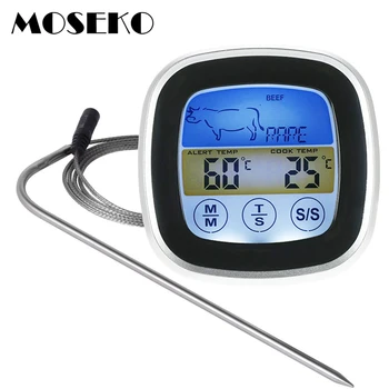 Цифров термометър за месо, фурна, цветен сензорен екран сензор за миг да се откъснете, кухненски термометър за приготвяне на барбекю с функция за предупреждение таймер