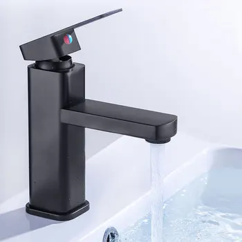 Черен квадратен смесител за мивка в банята с една дръжка, смесител за мивка, смесителна батерия за миене на баня, тоалетна, инсталиран на бортике, кран за мивка