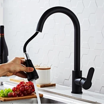 Черен мат с кухненски смесител с прибиращ се накрайник една дупка, смесител за кухненска мивка, мастилено-струйни спрей, ротация на 360 °, с кухненски смесител