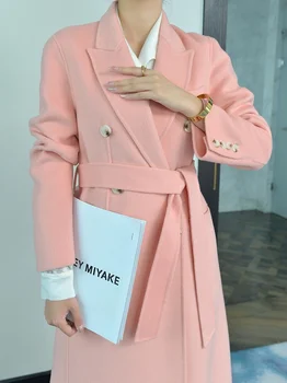 Черешово розов двустранно кашемировое дамско палто със средна дължина 2023 Нова вълна палто с прави рамене зимата