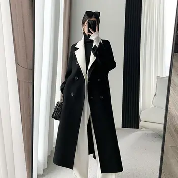 Черна вълнена куртка с високо качество и в стил мозайка 2023, дамски реколта двубортная на горно облекло, финото палто с отложным яка и колан на талията