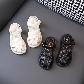 Черно-бели летни сандали за децата, обувки за момичета 2023 г., детски обувки, плажни сандали, нескользящая мека детски обувки за първите ходунков