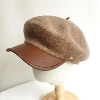 Шапка вестникарче от изкуствена кожа, вълнени, зимни шапки, шапки за момчето-един хлебар, регулируеми за дами, дамски шапки