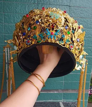 Шапка кралица на китайската династия Цин златен цвят, дамски сценична шапка, шапки, Реколта