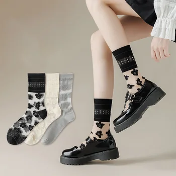Японски корейски модни жакард дамски летни чорапи с цветен модел, дишащи-тънки прозрачни копринени чорапи с кристали Harajuku