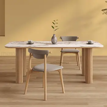 Японски стилна дървена кухненска маса за малки и големи апартаменти, четири цилиндрични крака от масивно дърво, маса за хранене е от каменни дъски