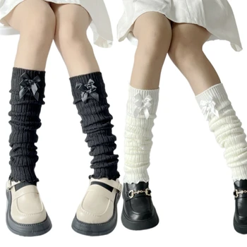Ястия за краката от ребристого трикотаж, японски женски обикновена сладки дълги чорапи с двоен лък и накъдрен 37JB